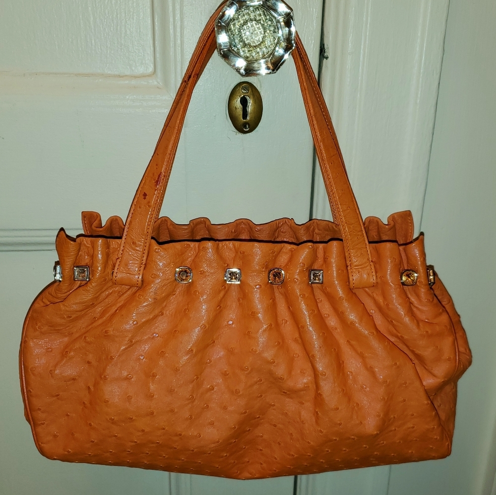 Judith Lieber Vintage Vibrant Orange Ostrich Skin Handbag Trimmed with Swarovski